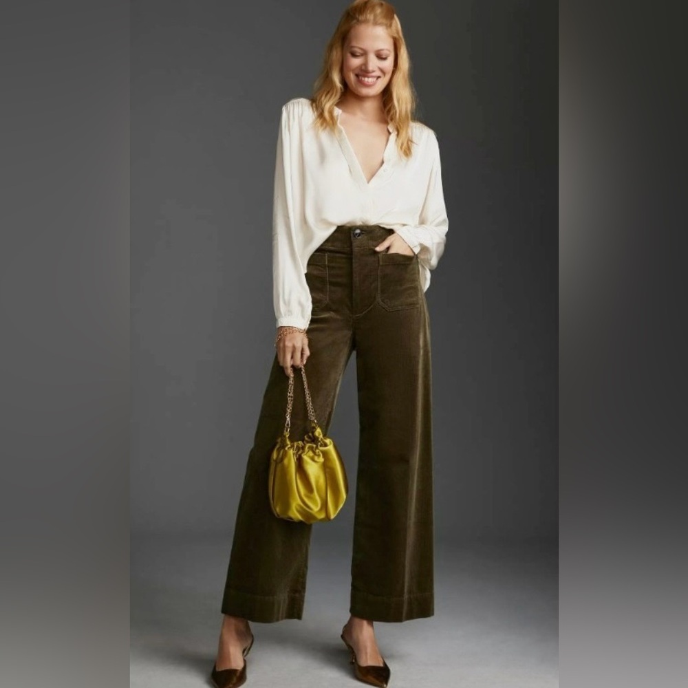 Anthropologie Maeve Colette Corduroy Wide Leg Pants Size 25 in Moss Green